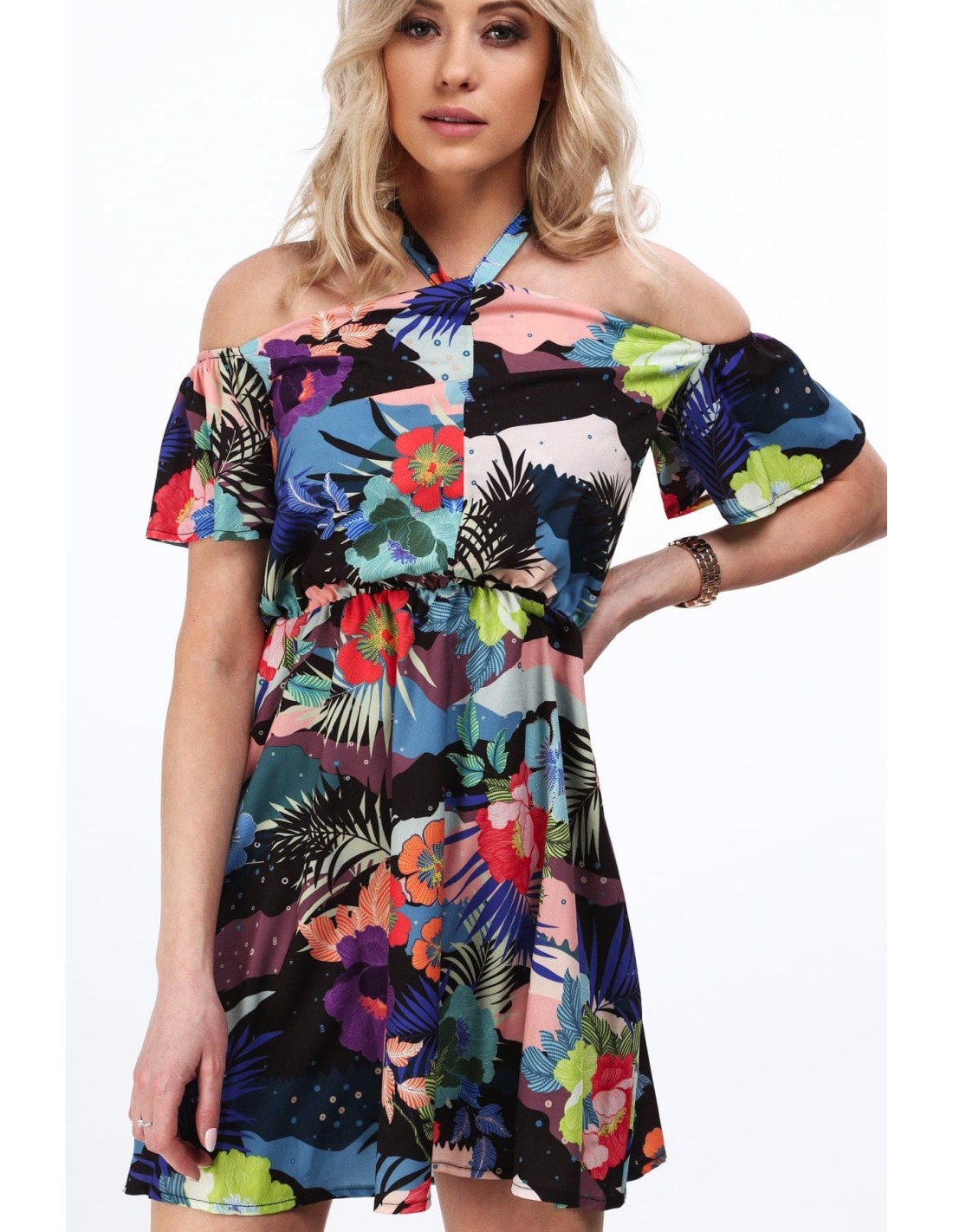 Rochie florala legata la gat, neagra MP60447 - Magazin online - Boutique